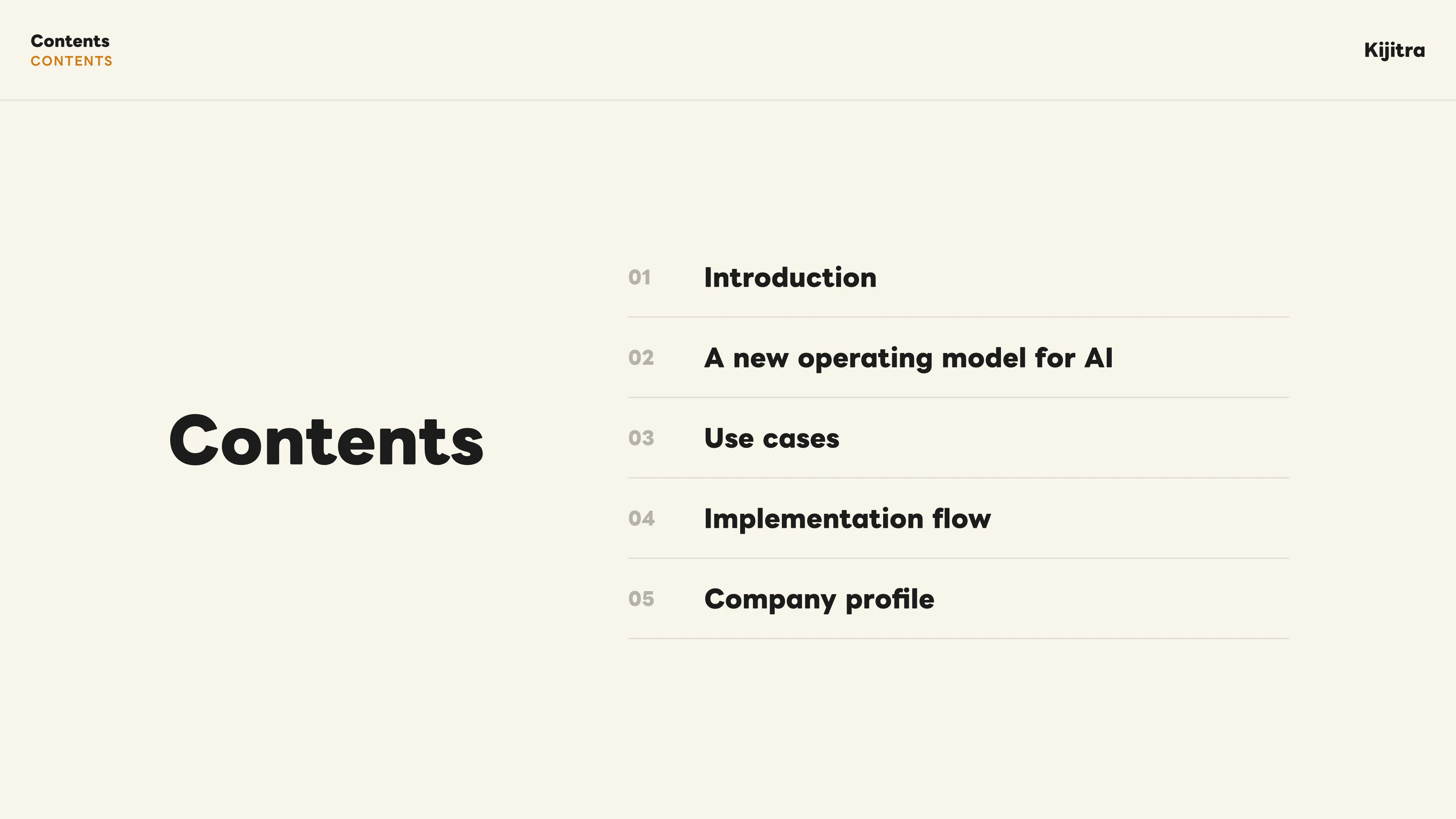 Contents: introduction, a new operating model for AI, use cases, implementation flow, and company profile.