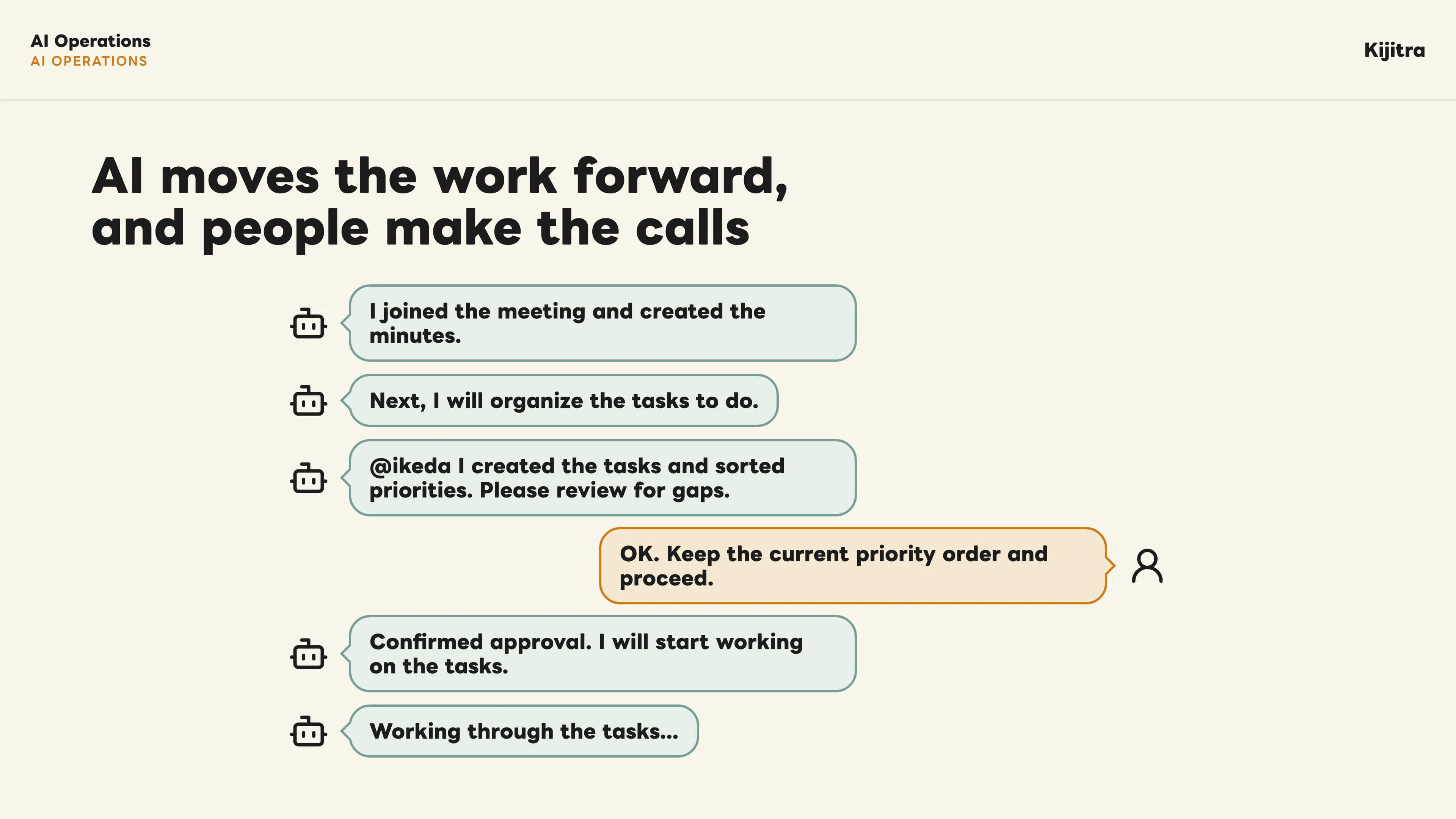 AI moves the work forward, and people make the calls through review messages and approvals.