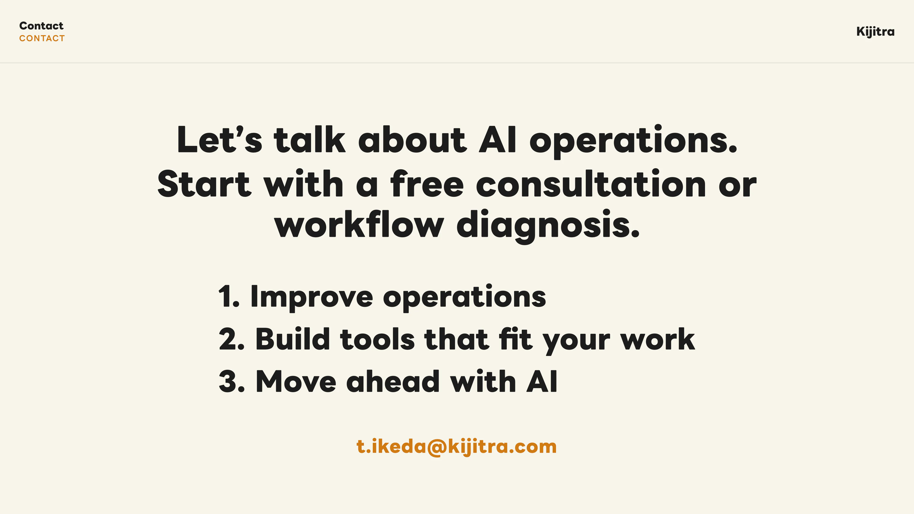 Contact slide inviting consultation about improving operations, building tools, and moving ahead with AI.