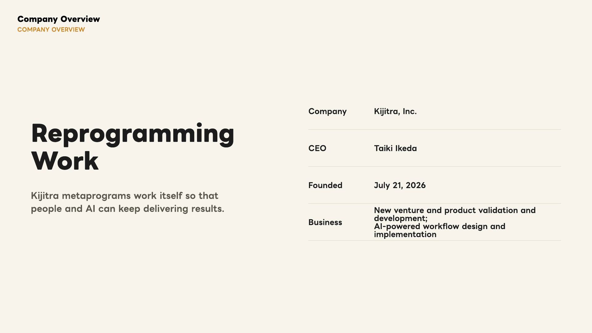 Company overview: Reprogramming Work. Kijitra, Inc., led by CEO Taiki Ikeda.