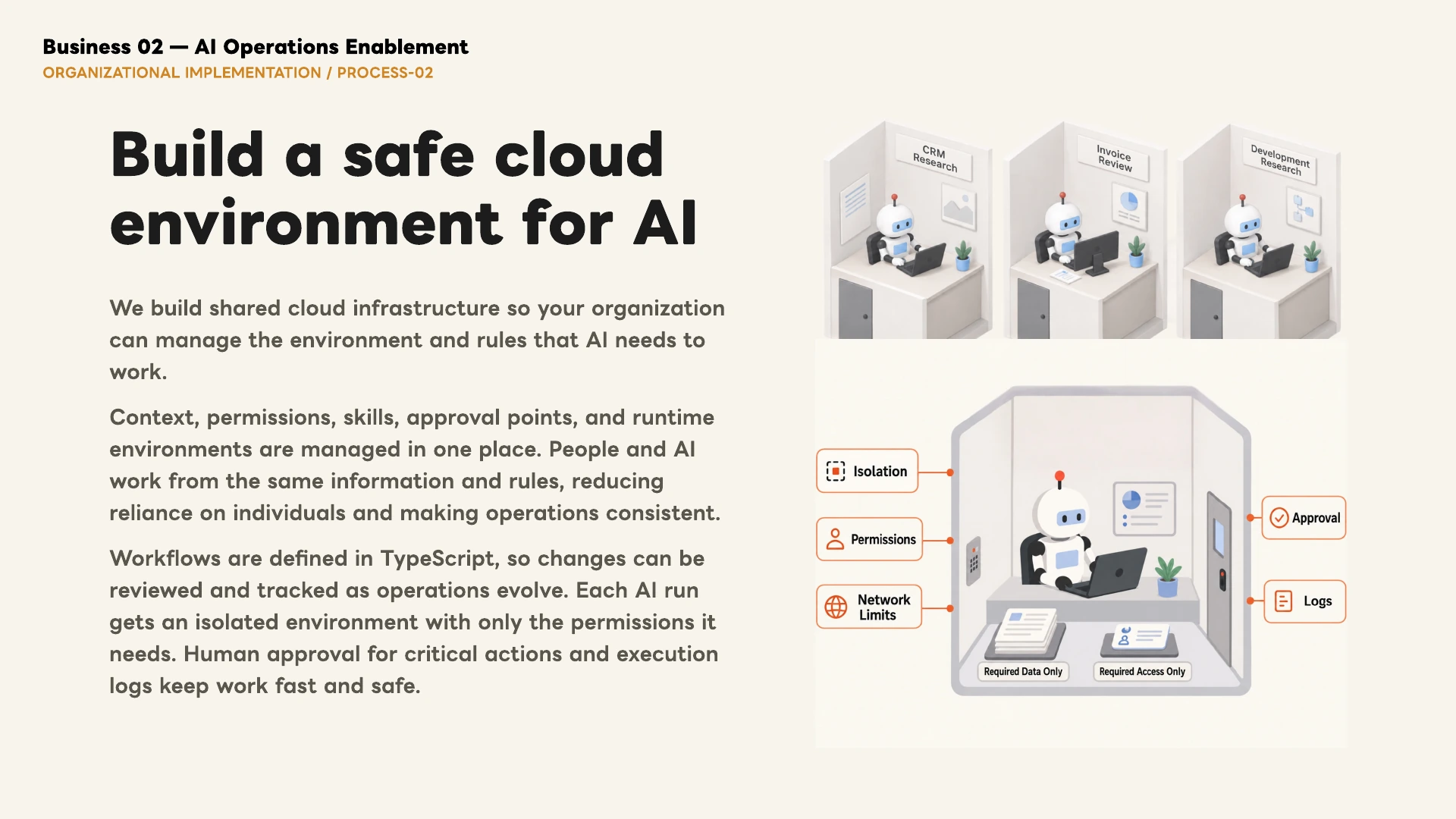 Shared cloud infrastructure for AI, with managed context, permissions, skills, approval points, and runtime environments.