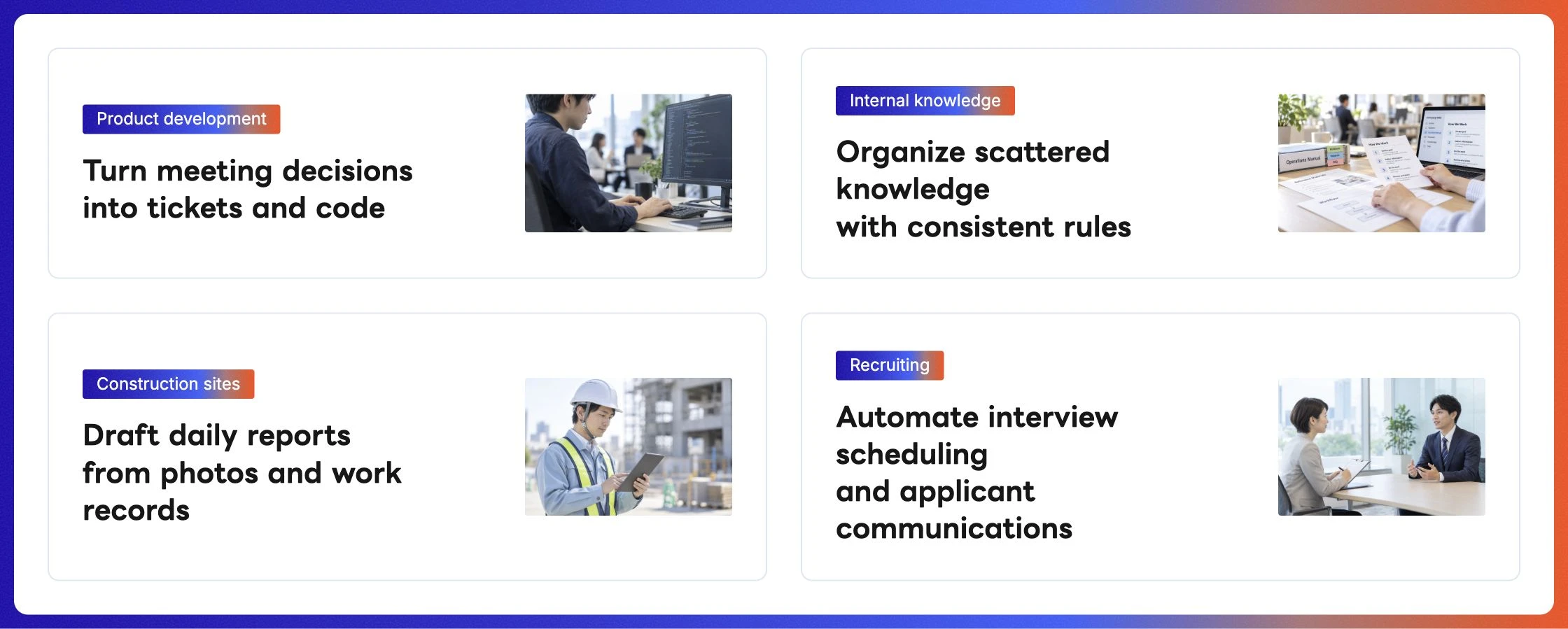 Four examples of AI use: product development, internal knowledge management, construction site management, and applicant communications.